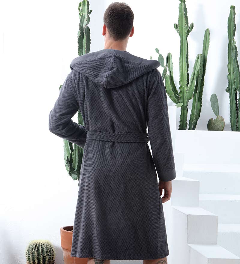 Men's Luxury Turkish Cotton Hooded Terry Cloth Robe Charcoal Back