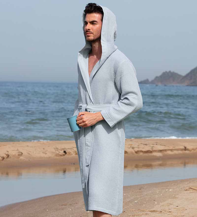 Mens Hooded Turkish Cotton Waffle Robe Blue Grey Front