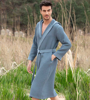 Mens Hooded Turkish Cotton Waffle Robe Pockets Indigo Blue Front