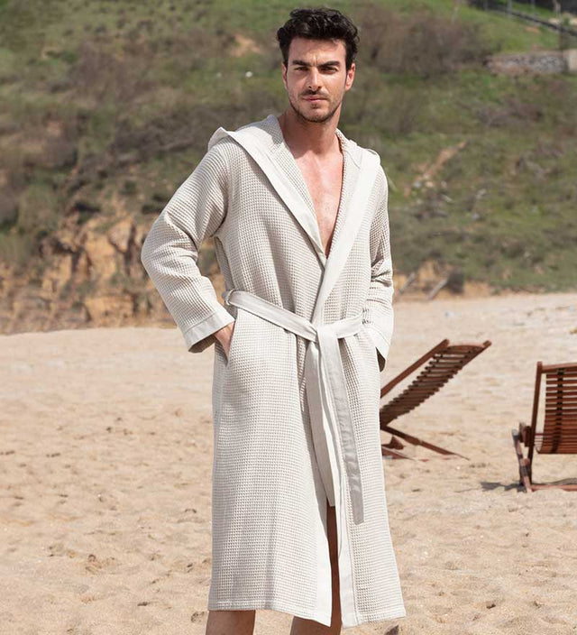 Mens Hooded Turkish Cotton Waffle Robe Stone Beige Front