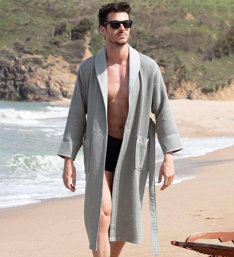 Men's Knee Length Lightweight Waffle Robe Grey Front