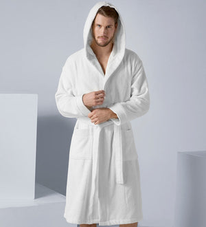 Men's Luxury Turkish Cotton Hooded Terry Cloth Robe White Front