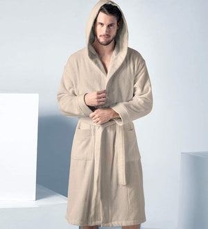 Men's Hooded Terry Cloth Robe 100% Turkish Cotton Beige Front