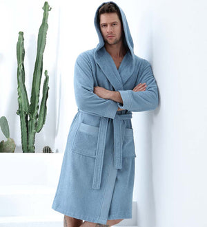 Men's Luxury Turkish Cotton Terry Cloth Robe with Hood Blue Front