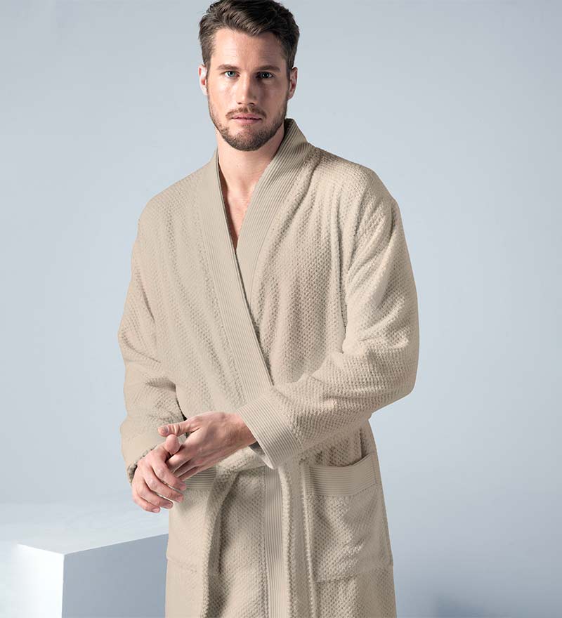 Men's Turkish Cotton Terry Cloth Kimono Robe Beige Front