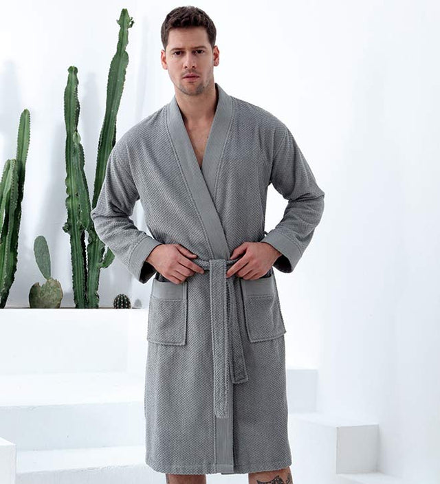 Men's Turkish Cotton Terry Cloth Kimono Robe Gray Front