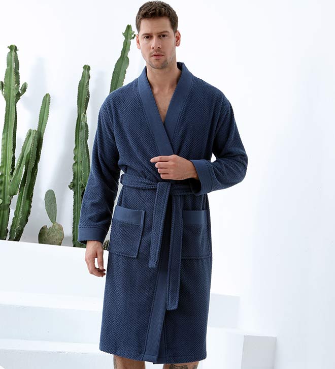 Turkish Cotton Terry Cloth Male Kimono Robe Navy Front