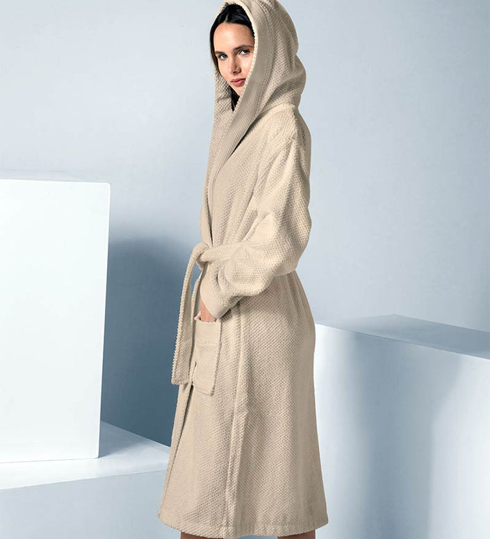 Women's Beige Hooded Terry Cloth Robe - Clearance