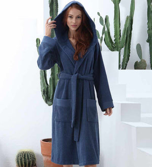 Women's Hooded Turkish Cotton Terry Robe Navy Front