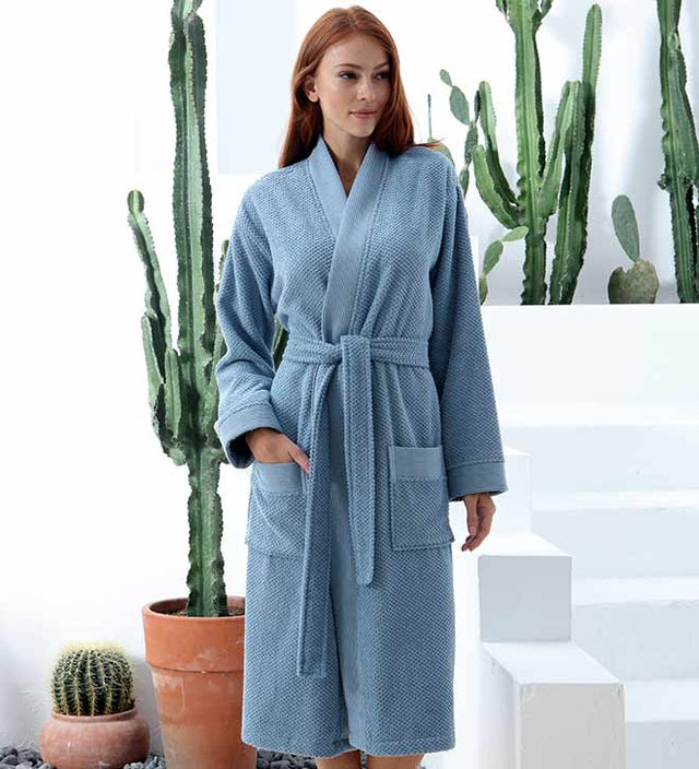Women's Turkish Cotton Terry Cloth Kimono Robe Blue Front