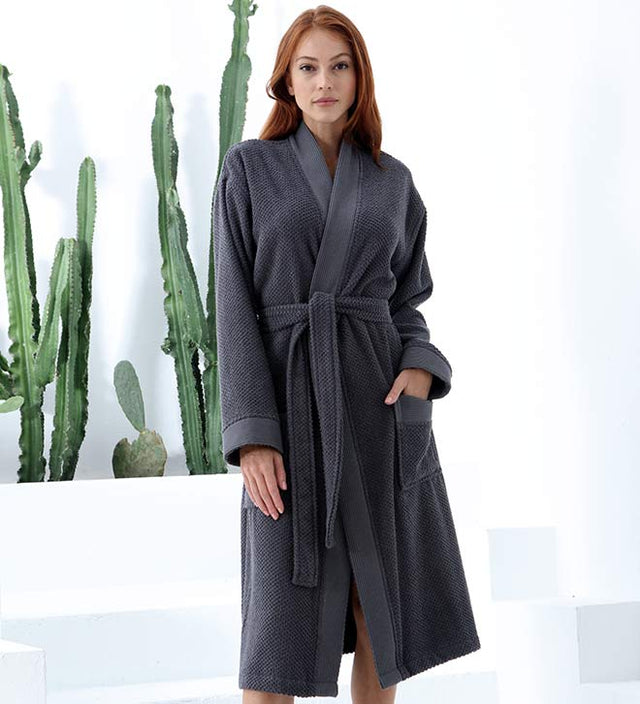 Women's Kimono Turkish Cotton Terry Robe Charcoal Front