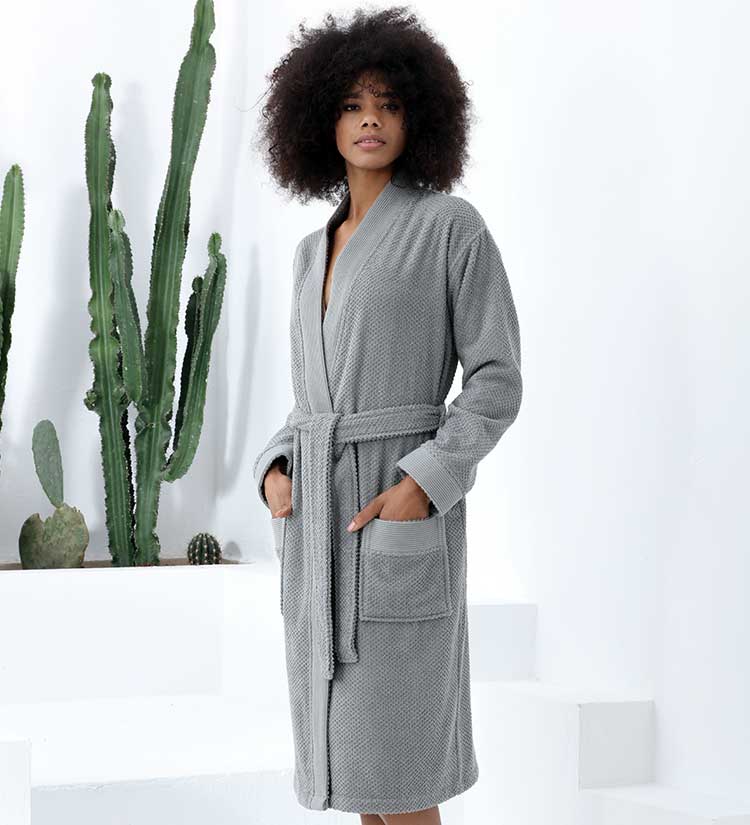 Women's Terry Cloth Kimono Robe Gray Front