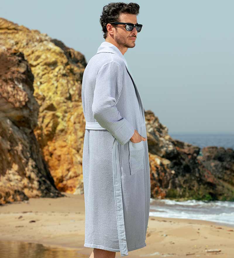 Waffle Weave Lightweight Robes for Men with Shawl Collar Blue Grey Back