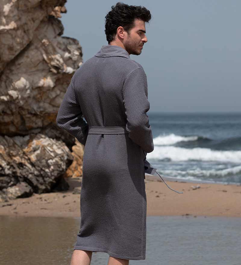 Waffle Weave Lightweight Robes for Men with Shawl Collar Charcoal Back