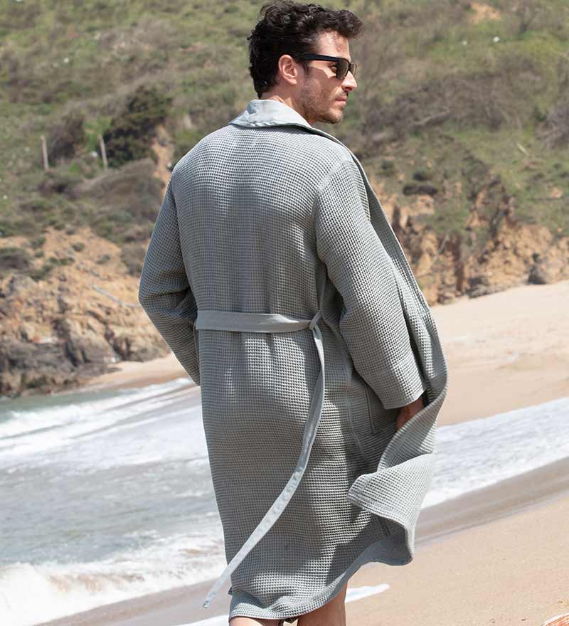Waffle Weave Lightweight Robes for Men with Shawl Collar Grey Back