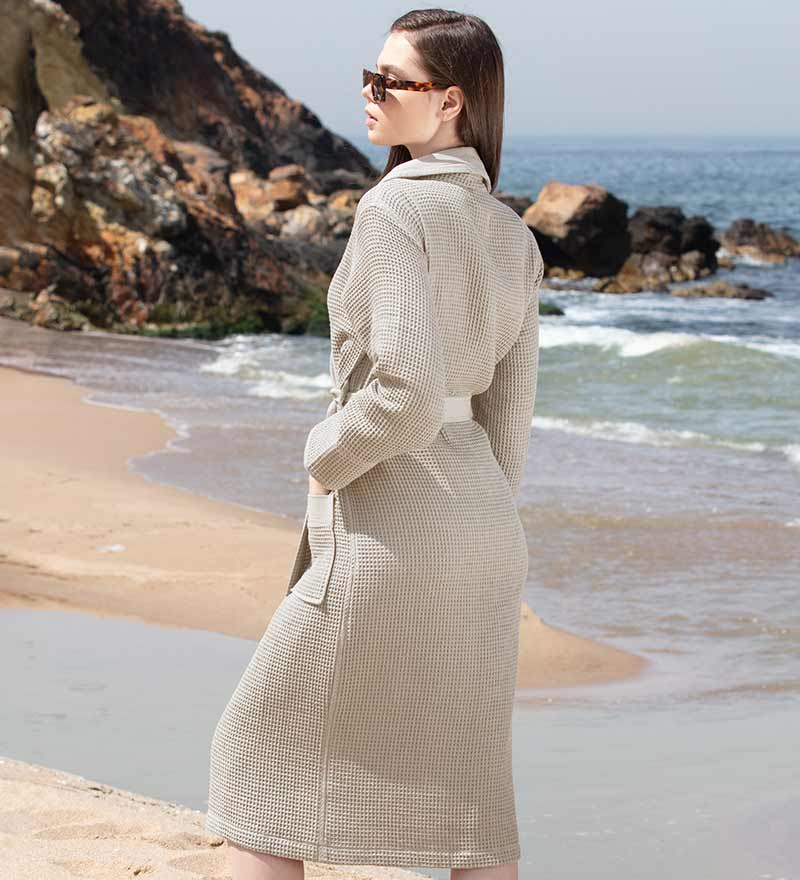 Waffle Weave Lightweight Robe for Women with Shawl Collar Stone Beige Back
