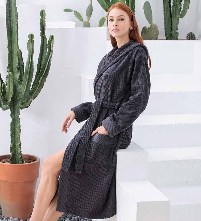 Women's Hooded Terry Cloth Robe Charcoal