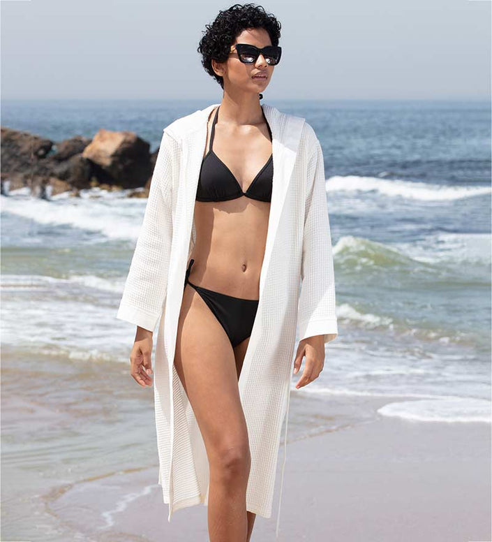 Women's Hooded Turkish Cotton Waffle Robe White Front