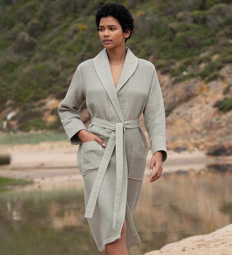 Waffle Weave Lightweight Robe for Women with Shawl Collar Sage Green Front