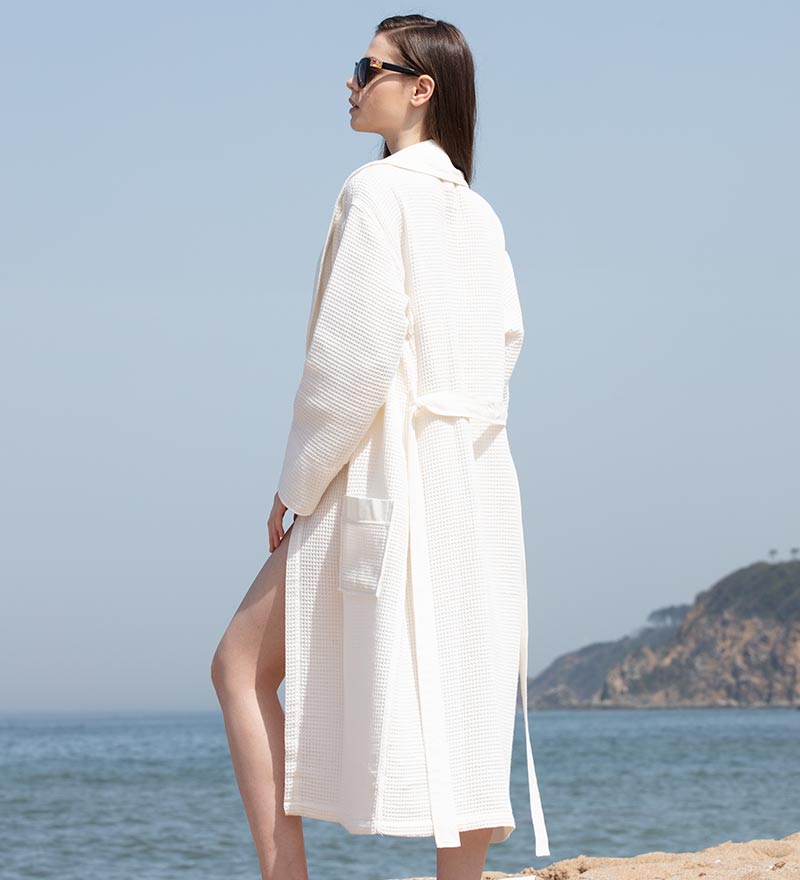 Waffle Weave Lightweight Robe for Women with Shawl Collar White Back