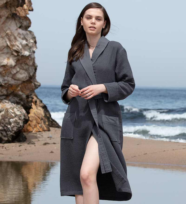 Women's Knee Length Lightweight Waffle Robe Charcoal Front