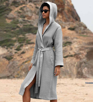 Womens Hooded Turkish Cotton Waffle Robe Grey Front