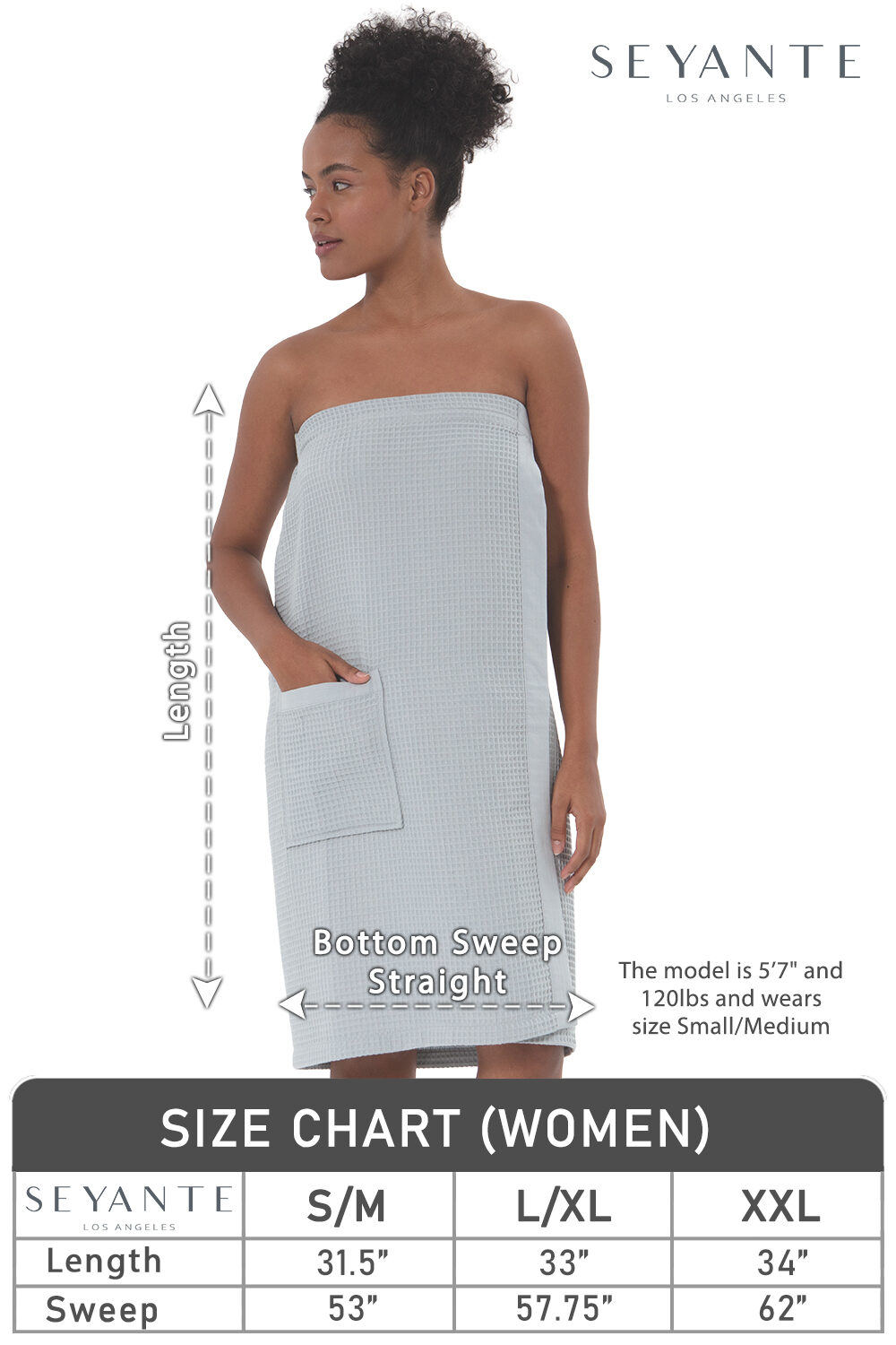 The model is 5'7" and 120 lbs. and wears size Small/Medium